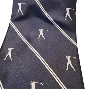 Rah-Rah Silk Navy Blue White Stripes With White All‎ Over Golfer Pattern Tie